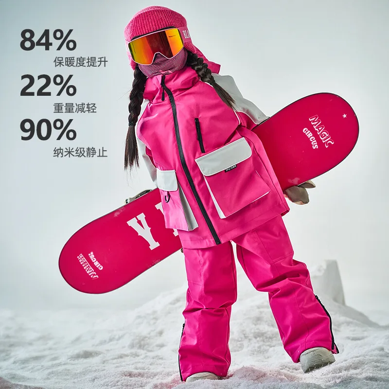 Warm Professional Children's Outdoor Cute Windproof and Plush Thick Rose Red Rabbit Ear Skiing Suit, New Style for Girls' Skiing