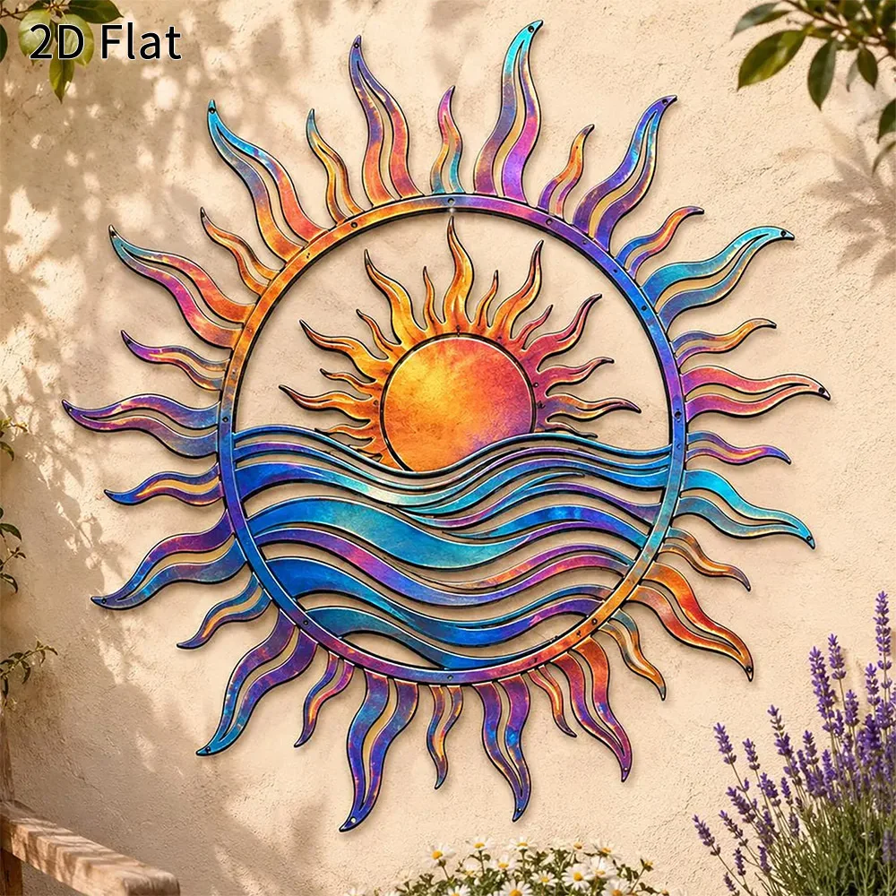 CIFBUY Metal Wall Decor, 2D Flat Cutout Sun Over Ocean Wave Silhouette Wall Sign, Boho Nature Aluminum Wall Ornament