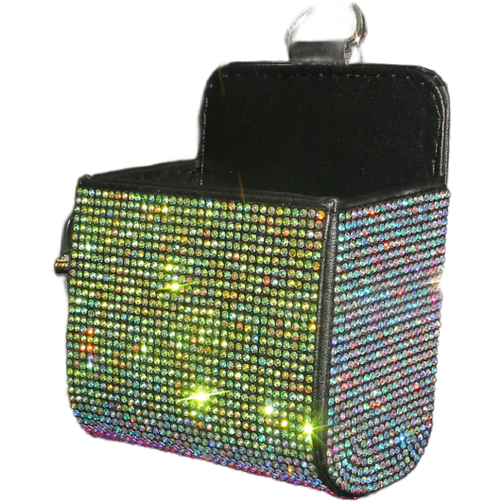 Car Air Vent Mounted Leather Organizer Pouch Featuring Rhinestones for Convenient Storage of Phone For Documents and Cards