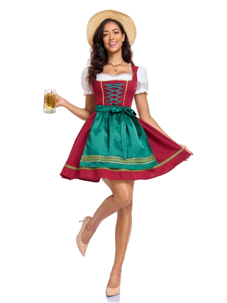 Damen Oktoberfest Puffärmel-Kleid Bayerisches Dirndl Grünes Satin-Schürzen-Outfit Festival Karneval Party Kostüm 2026 – Detail 8