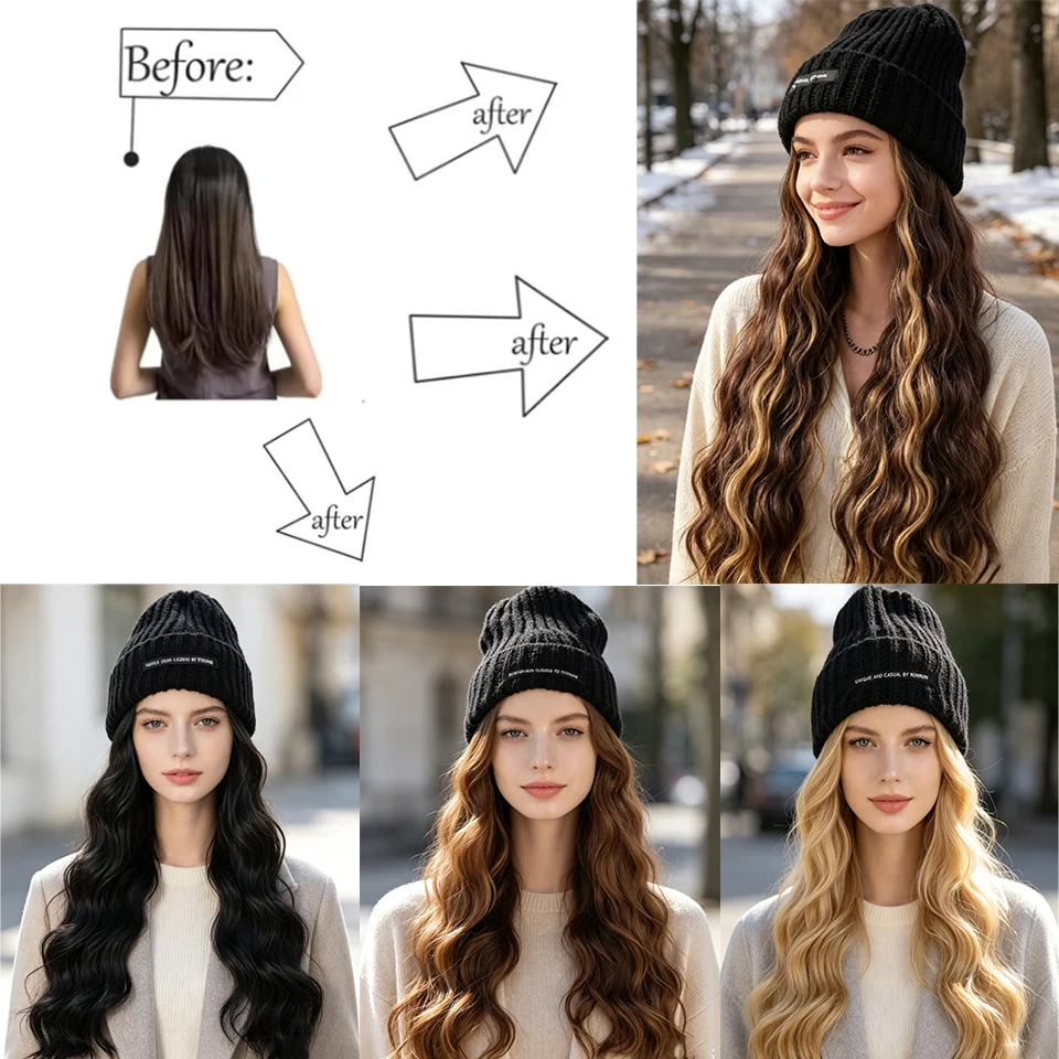 Hat Wig Hair Extension Knit Beanie with Long Wavy Synthetic Wig for Girl Winter Warm Ski Hat for Daily Party Halloween Christmas