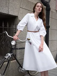 FSLE Autumn Women Wedding Guest Dress Spring Long Sleeves Dress Three-quarter Sleeve Cotton Elegant 2025 Slim Waist Dress