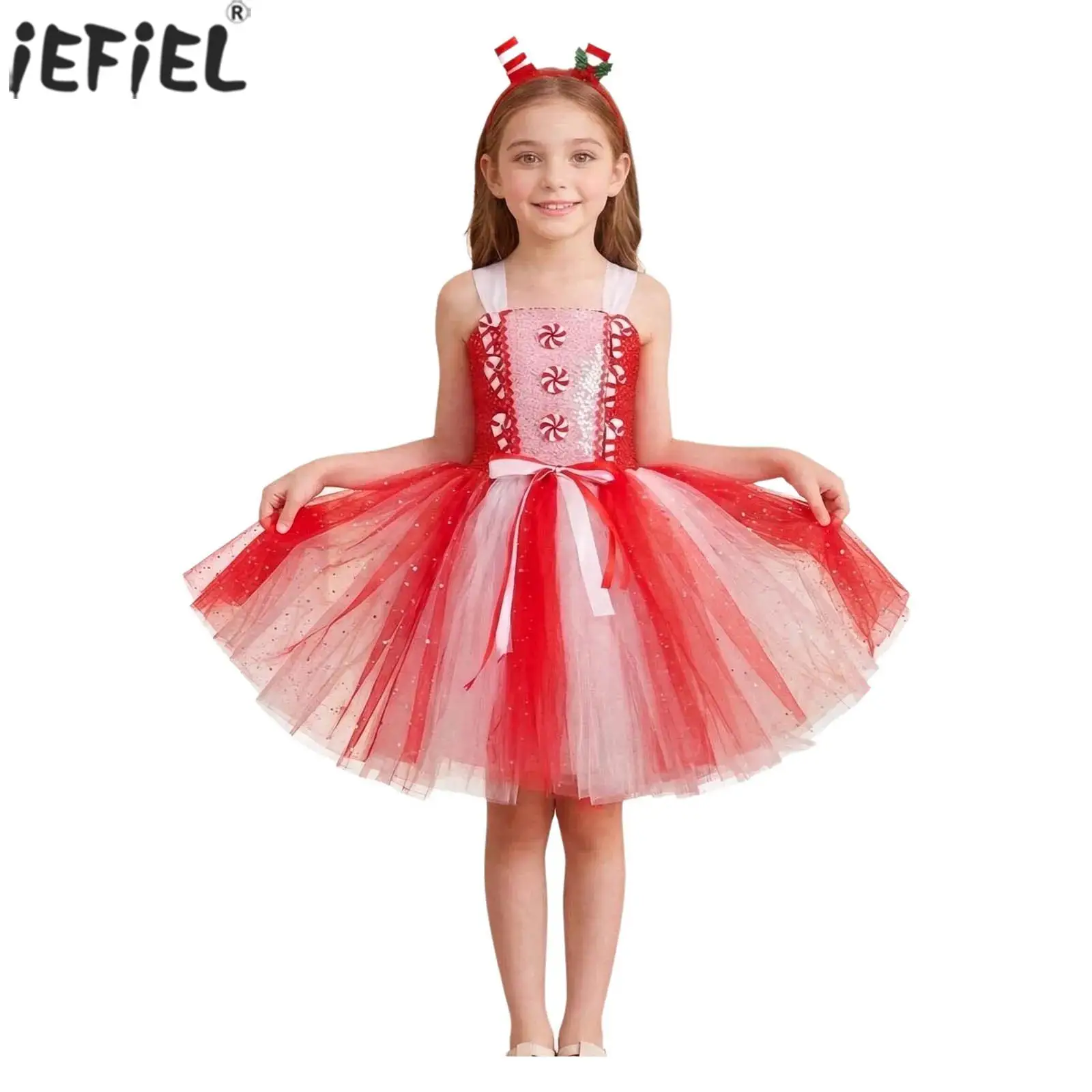Kids Girls Christmas Candy Cane Costume Sleeveless Hollow Out Mesh Sequin Bodice Tulle Dress with Headwear for Xmas Holiday