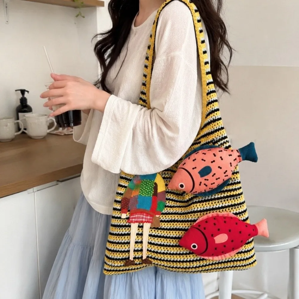 Practical Large Capacity Knitted Tote Bag Versatile Casual Shoulder Bag Doll Fish Decor Striped Handbag For Women