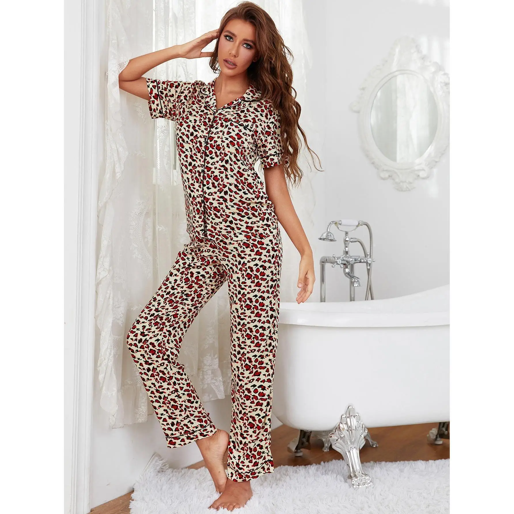 leopard print Pajama sets  women mujer conjuntos pijamas conjunto pyjama pijama femme ensembles feminino sleepwear pyjamas