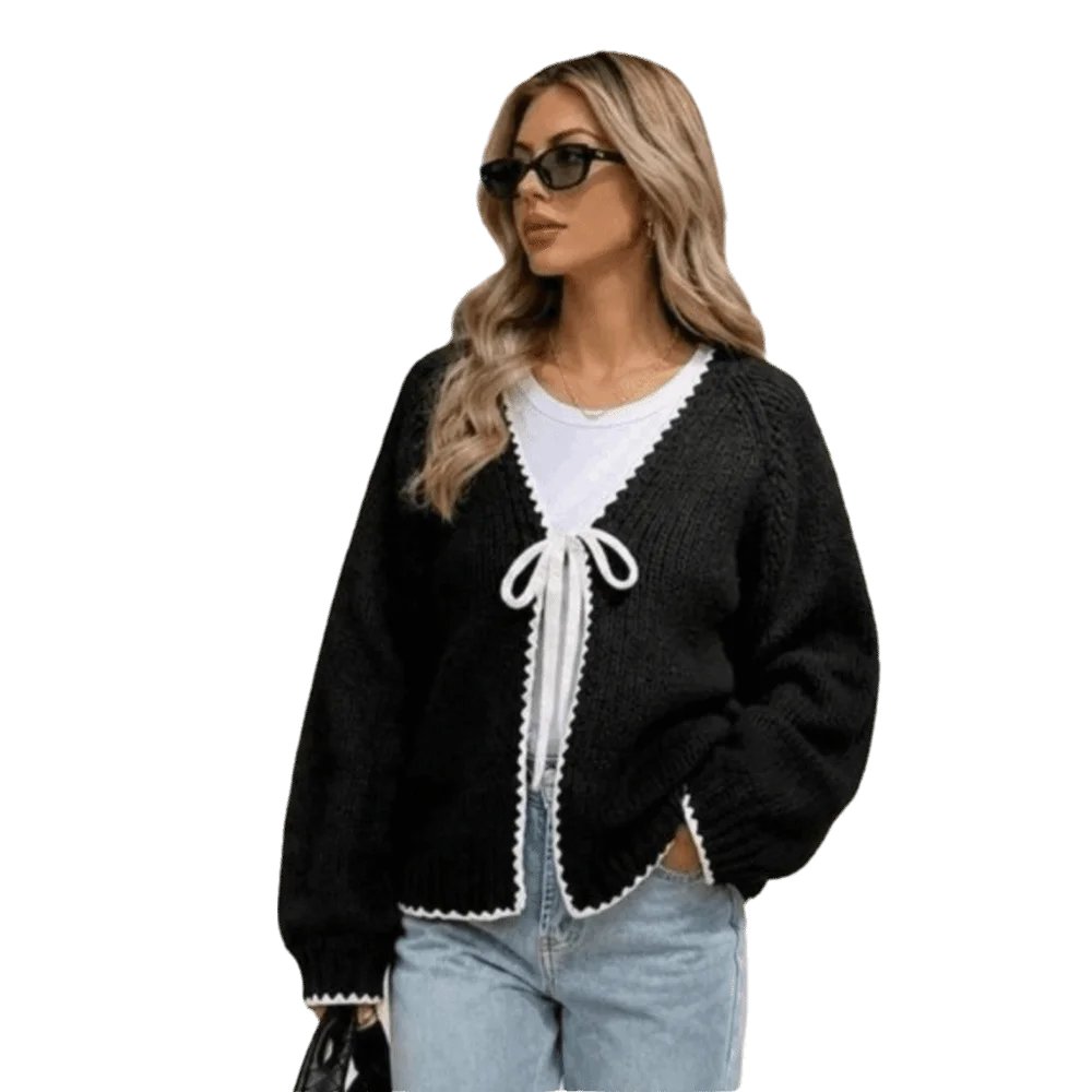 Gemütlicher, locker geschnittener Strickcardigan mit langen Ärmeln, bequemer Cardigan-Pullover mit V-Ausschnitt und Bindung, Damen-Cardigan-Oberbekleidung – Detail 4