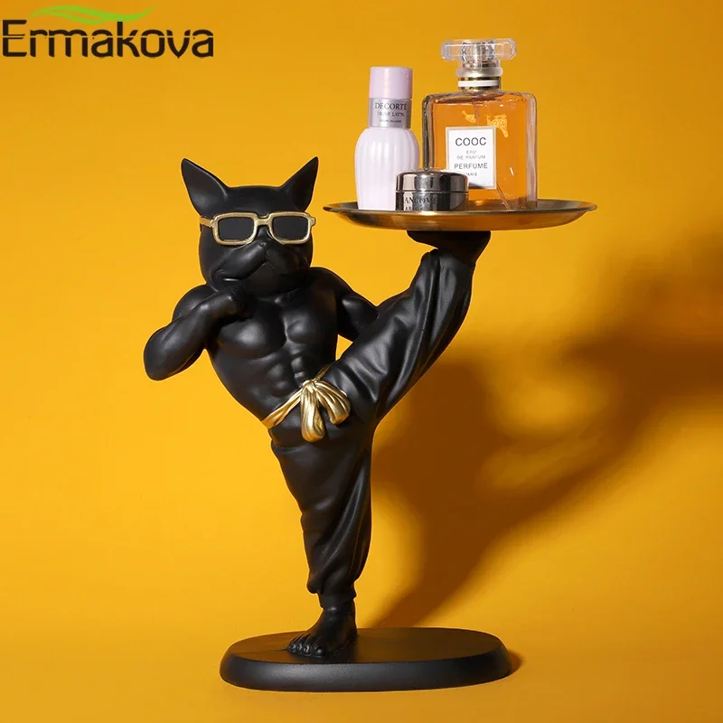 ERMAKOVA Resin French Bulldog Tray Statue Kong Fu Figurine Holder Home Modern Art Dining Table Office Desk Entryway Shelf Decor