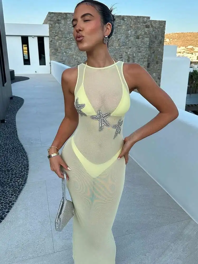 Oniflyme Mesh Sheer Backless Maxi Dress For Women Robes Sexy O Neck Sleeveless Bodycon Dresses Summer Holiday Vacation Vestido