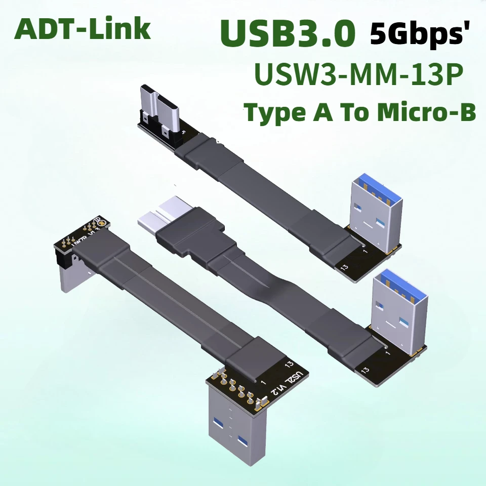 ADT USB Micro B Sideways Bend 90 Angle USB 3.0 Type-A To Micro-B Male Double-Angle Data Transfer Cable 30cm Custom Length 5G/bps