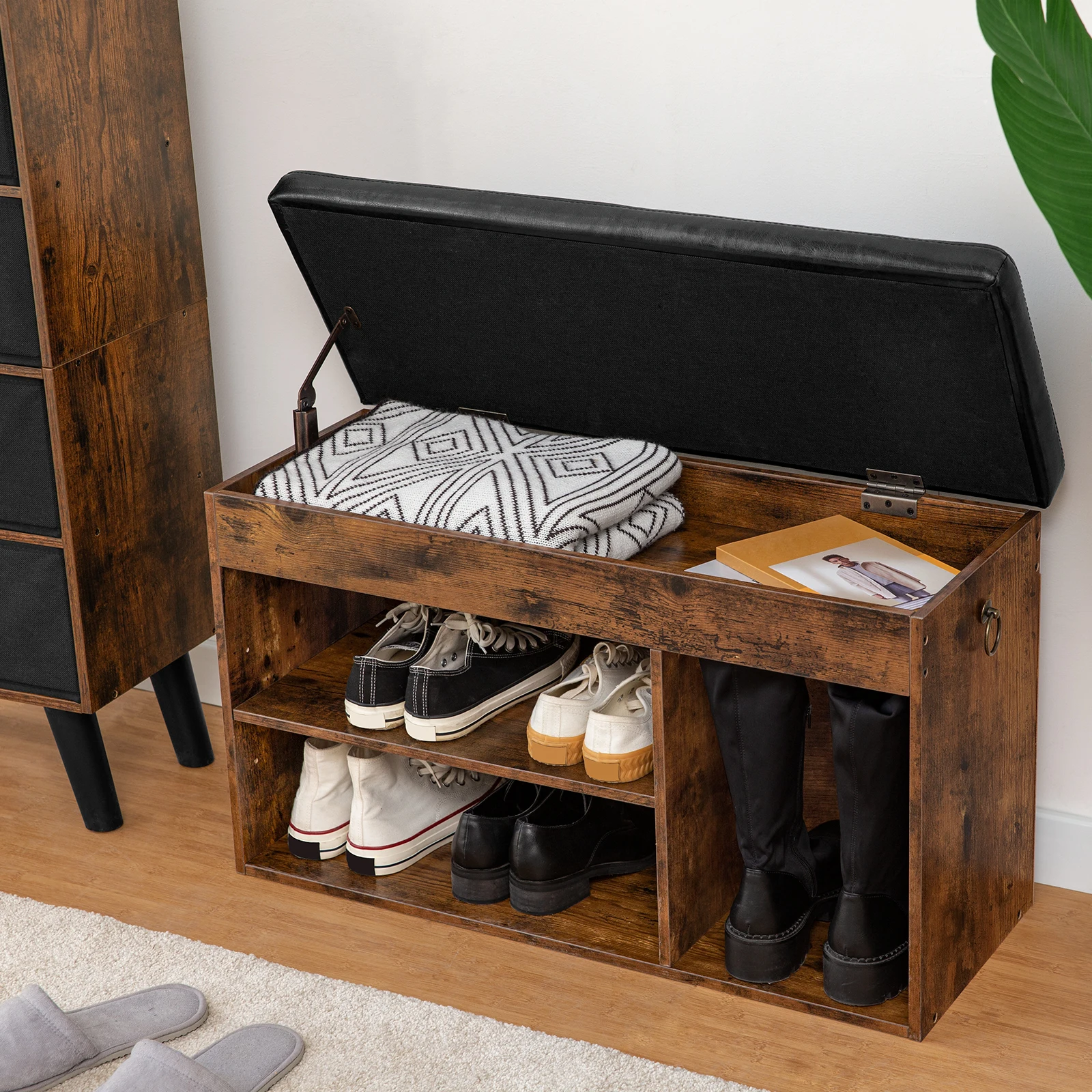 HOOBRO Shoe Bench With 3 Open Compartments Shoe Cabinet Padded Storage Space Under Seat Up To 150 kg Load Capacity Space-saving