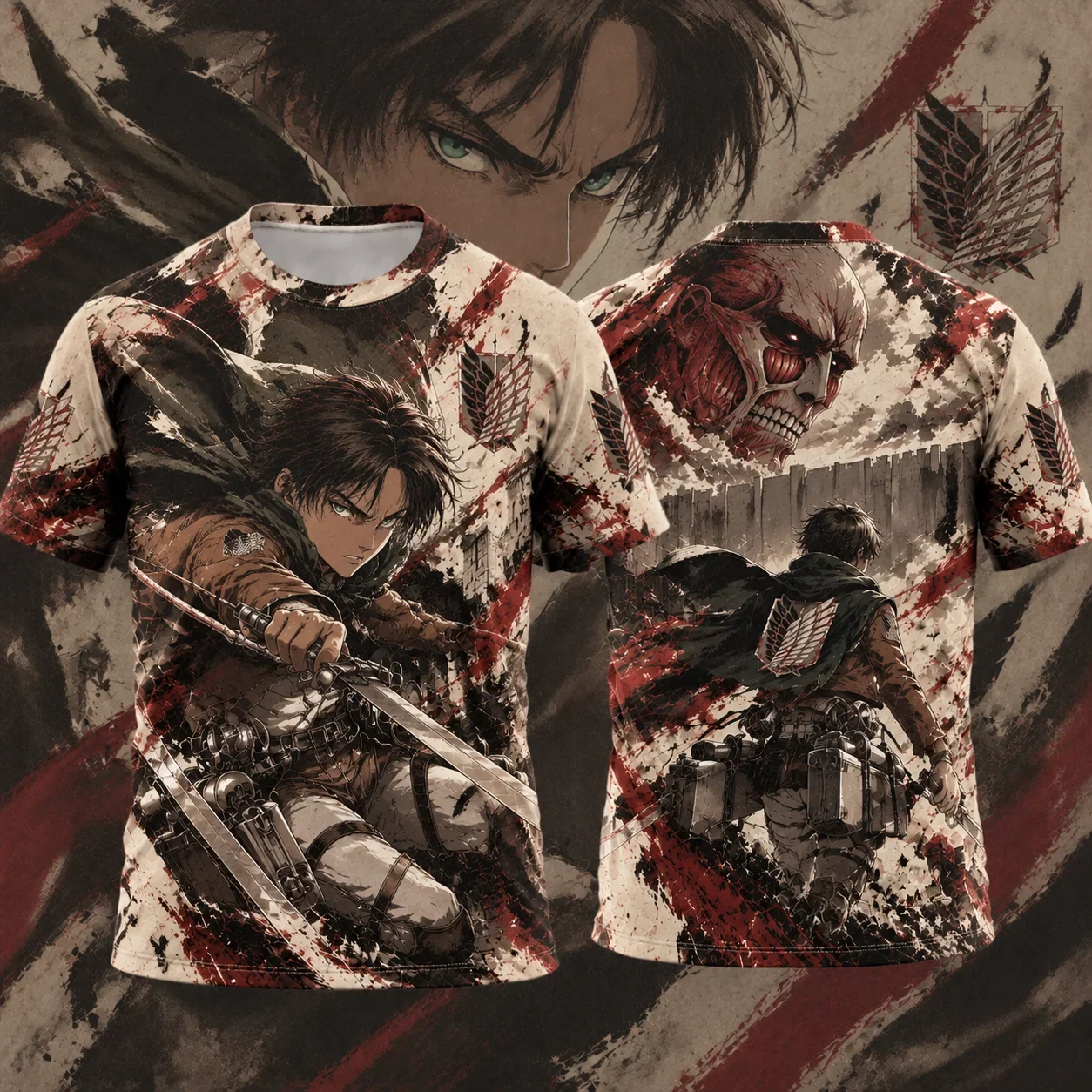 Front Back Anime Sword Fighter Graphic T-shirt Unisex Cloak Warrior Giant Skull Red Splatter Dual Sided Print Summer Popular Tee