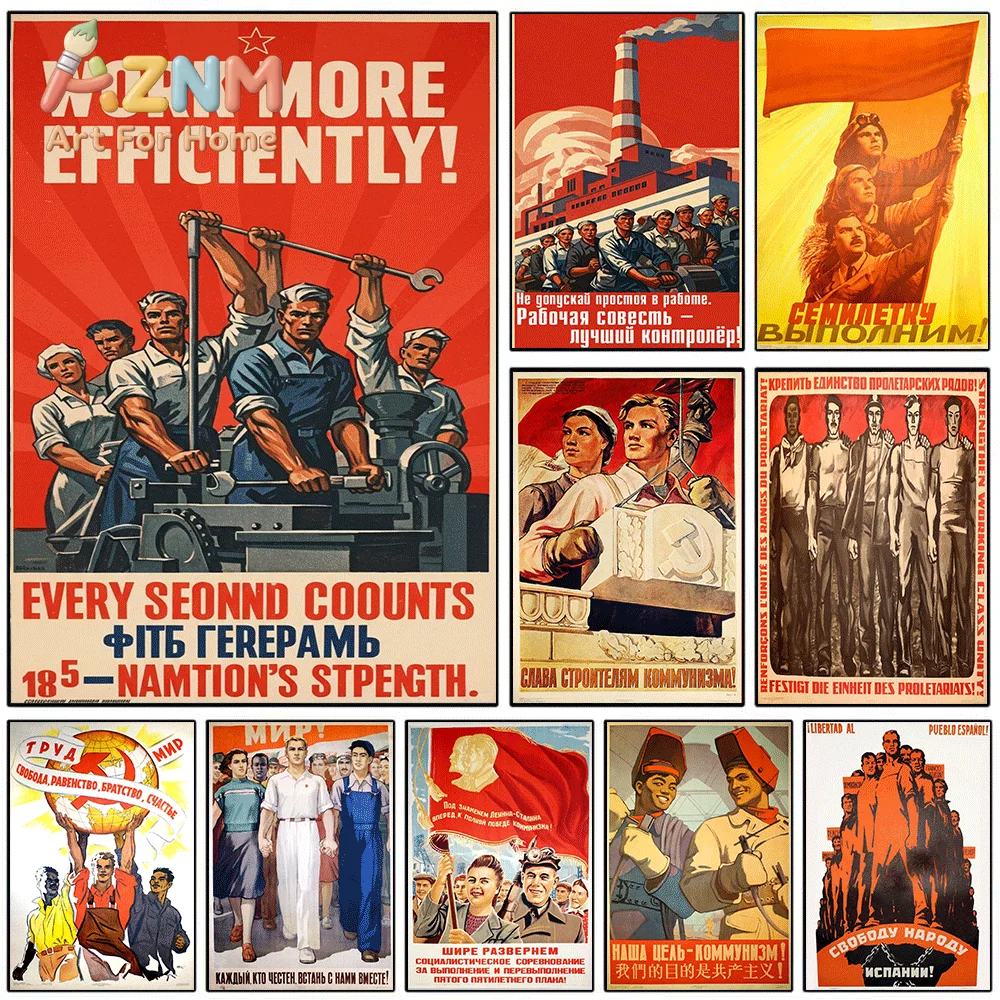 Vintage Soviet Labor Worker Propaganda Collage Canvas Wall Art, USSR Red Banner Industrial Retro Poster, Unframed Canvas Paint