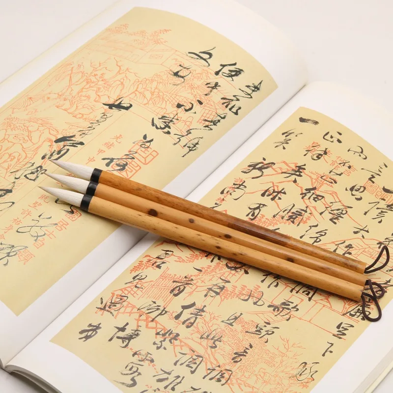 Chinese Calligraphy Brush Set with Wolf and Sheep Mixed Hair Medium Regular Script Brushes and Bamboo Handles for Beginners