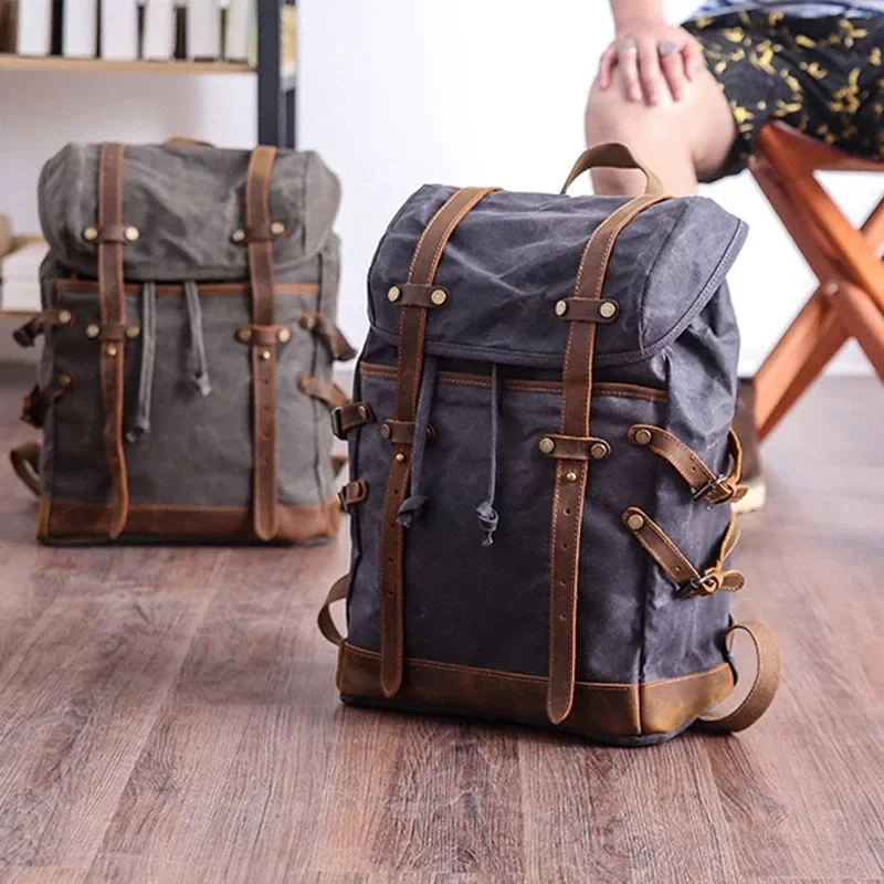 

15.6 Inch Vintage Canvas Backpack For Men 30 L New Oil Waxed Canvas Hiking Travel Outdoor Backpack Crazy Horse Leather Backpack