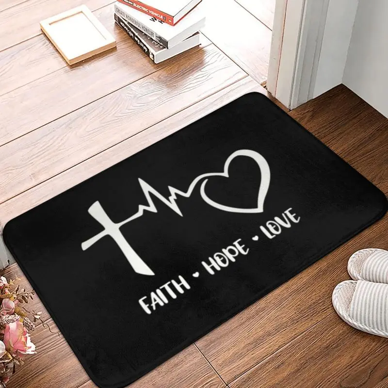 Faith Hope Love Heartbeat Doormat Anti-Slip Kitchen Bath Mat Toilet Floor Door Entrance Carpet Rug