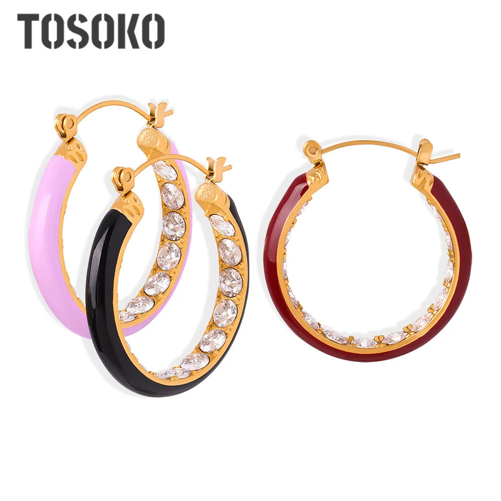 

TOSOKO Stainless Steel Jewelry Colorful Drop Glaze Ring Inlaid with Zircon Fashion Sweet Earrings BSF980