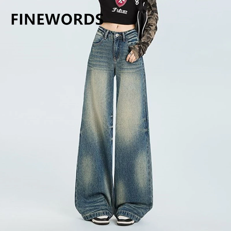 

FINEWORDS Vintage Causal High Waist Blue Jeans Women Korean Wide Leg Jeans Streetwear Easymatch Full Length Baggy Jeans