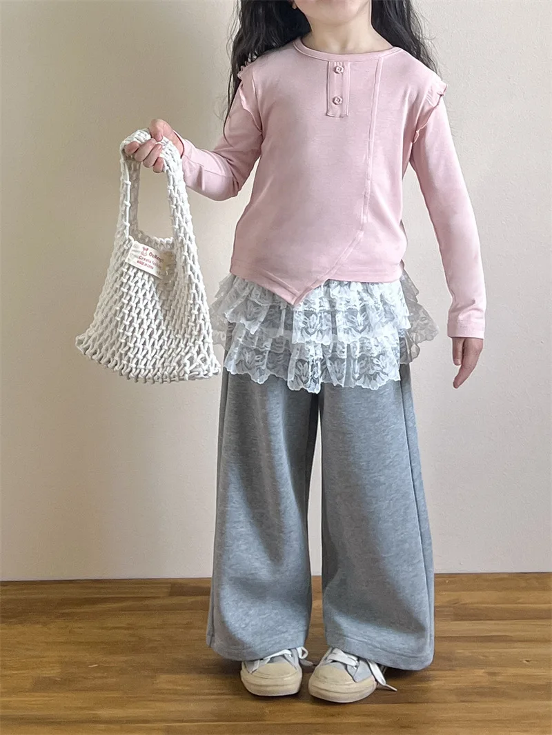 

2025 Spring New Korean Children's Clothing Girls Sweet Fungus Edge Flying Sleeves Bottoming Shirt T-shirt Lace Edge Sweatpants