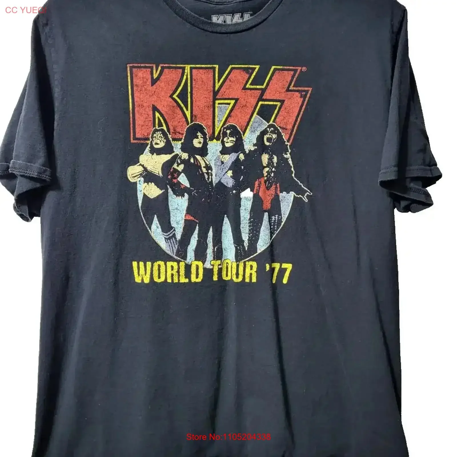 قبلة جولة حول العالم '77 أسود تي شيرت الرجال حجم 2XL روك خمر غسلها تنفس لينة مريحة الشارع الشهير امتدت أنيق #1