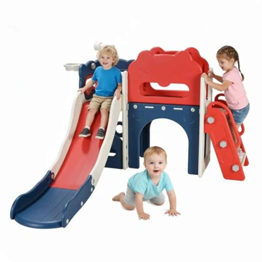 

8 in 1 Toddler Slide Playset for Indoor Outdoor Baby Slide with Basketball Hoop Telescope and Storage Space Playground Climber