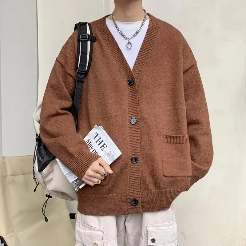 

Korean Sle Casual Loose Knitted Sweater Men's Autumn Trendy Simple Open Cardigan Sweater 2024 New Lazy Outerwear