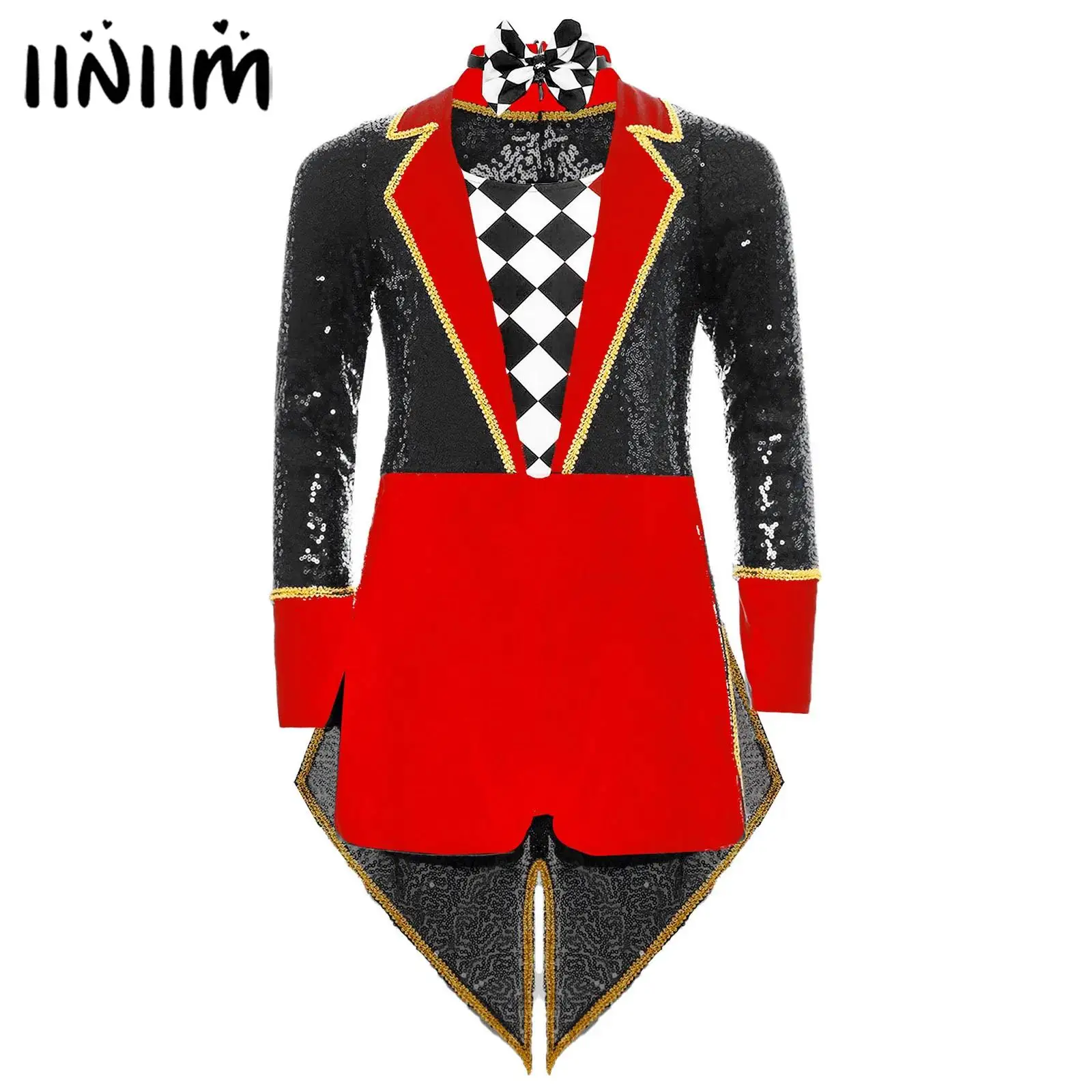 

Kids Halloween Circus Halloween Magician Cosplay Outfits Ringmaster Costume Sequins Checkerboard Tailcoat Bodysuit with Bow Tie