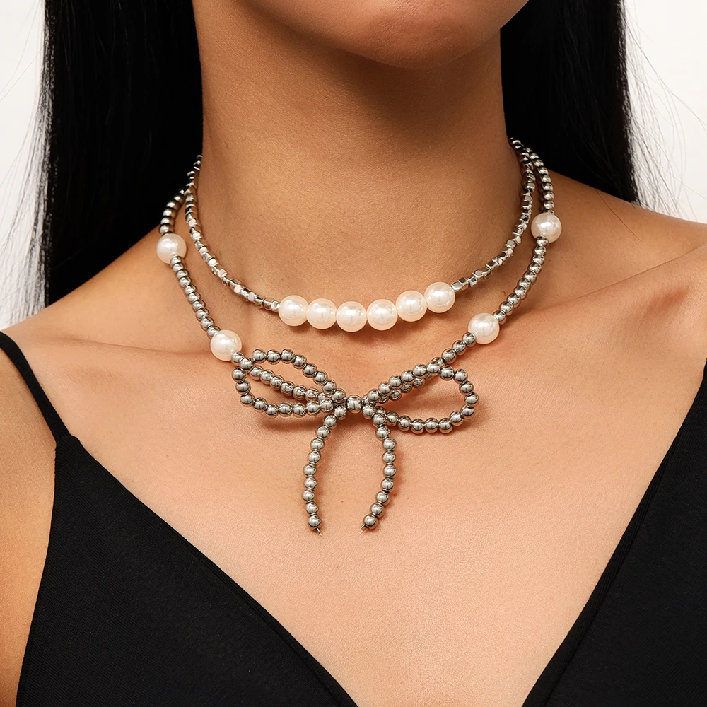 

Aihua Cool Silver Color Pearl Bowknot Necklace Bohemian Beaded Bow Necklace for Women Trendy Jewelry Gift New