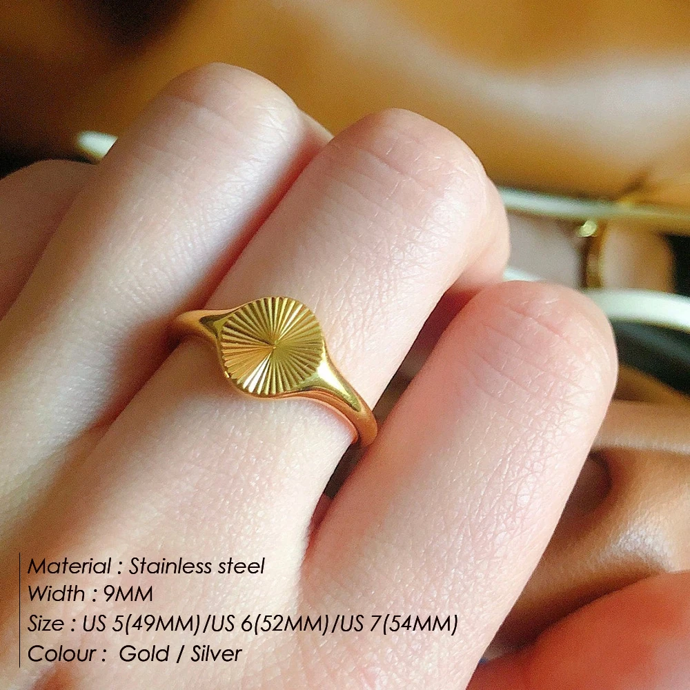 EMANCO  Wave Stainless Steel Rings for Women Signet Chunky Dome Ring Minimalist Dainty Rays Texture Circle Jewelry