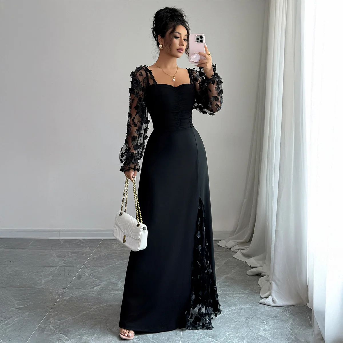 

2026 New Fashion Slim Mesh Backless Dresses Women Spring Sexy Elegant Stitching Solid Color Puff Sleeve Long Dress For Women