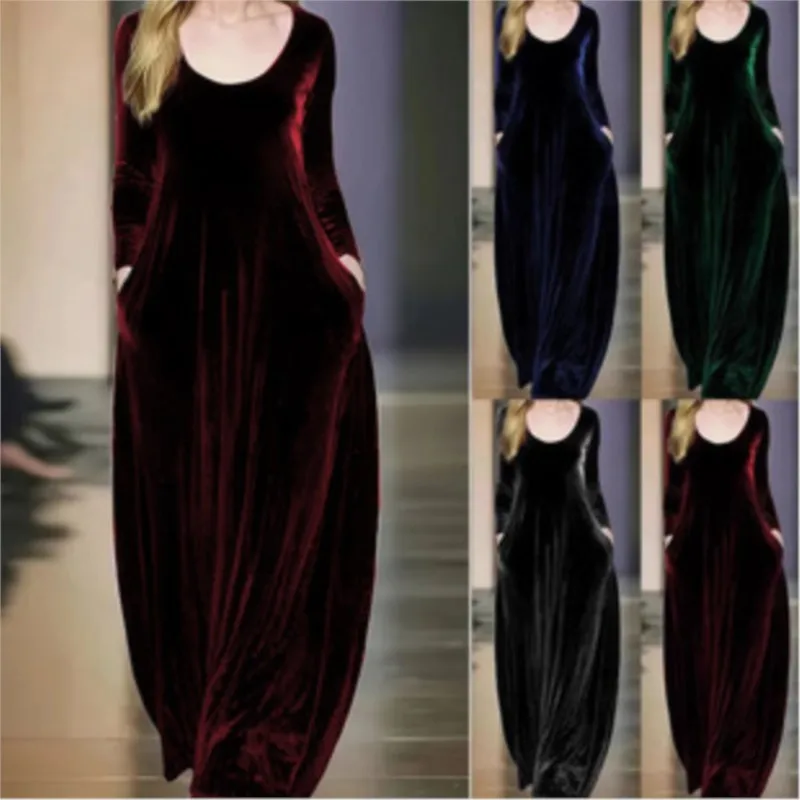エレガントなベルベットのプロムパーティードレス 女性用 ヴィンテージ マキシドレス 秋冬新作 ゴールドベルベット Oネック 長袖
