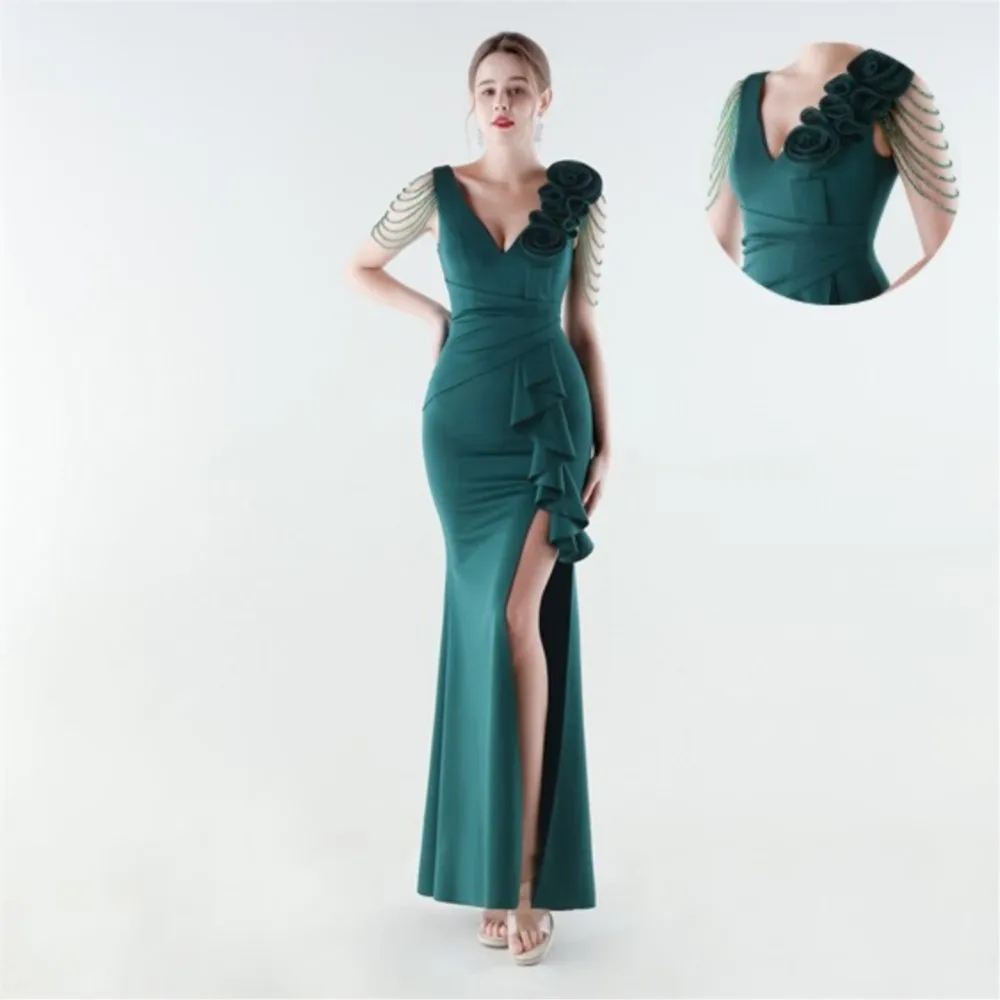 MsChuh Retro Dresses For Woman Party Wedding Evening Dress Vestidos Temperament Elegant Tassel Ruffles Slit Flower V-link Chic