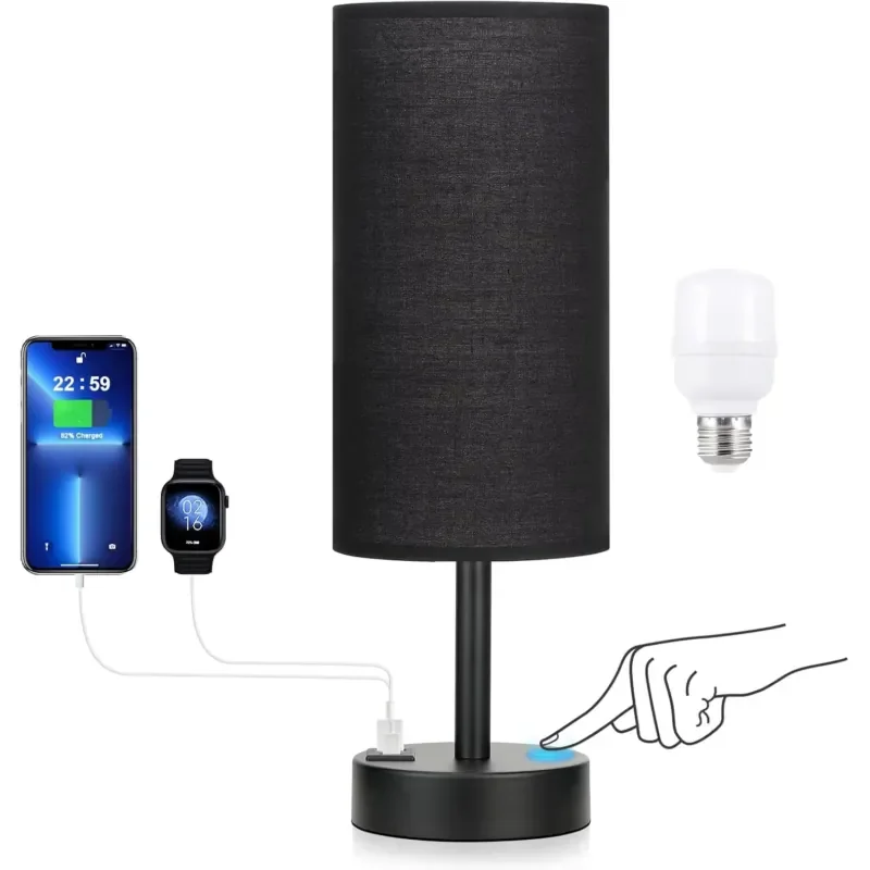 lampe-de-console-tactile-avec-2-ports-de-charge-usb-et-prise-secteur-abat-jour-en-tissu-blanc