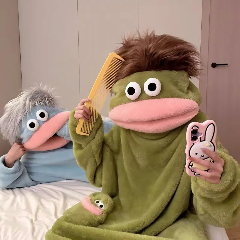 Autumn Winter Couple Set Cartoon Pajamas Wacky Bodysuit Have Hair Big Mouth Monster Hooded Homewear Girl Cute Keep Warm Pajamas