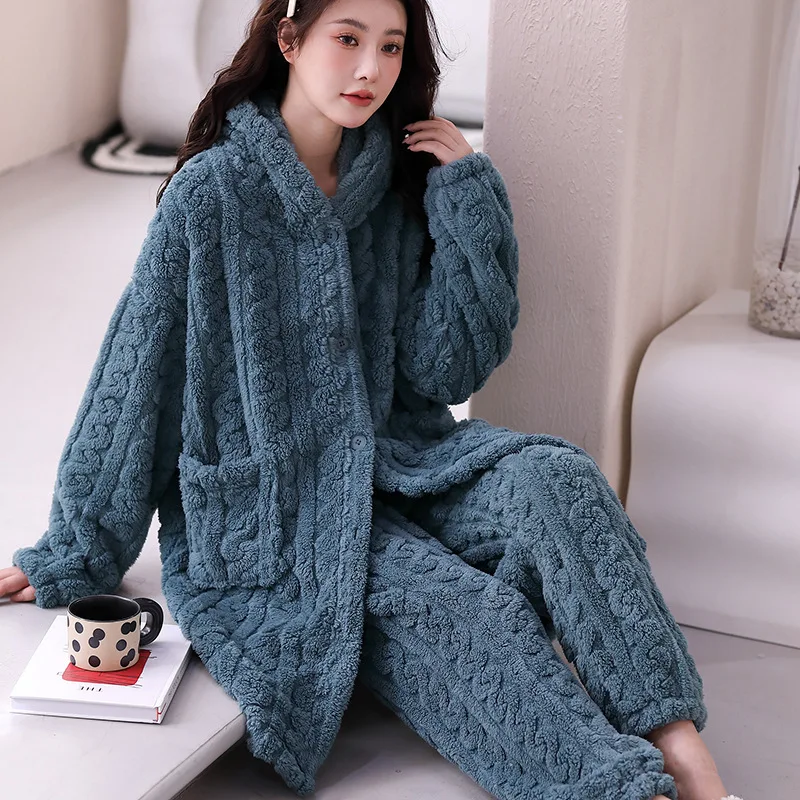 

New Sleepwear Autumn Winter Coral Fleece Warm Home Wear Set Hooded Nightgown Sleep Bottoms Flannel Intimate Lingerie Nightwear