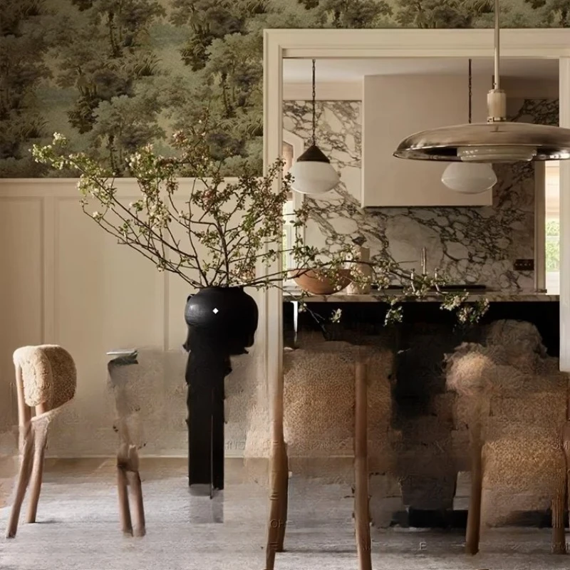 

French retro lamb wool dining chair, medieval cream style designer dining table chair