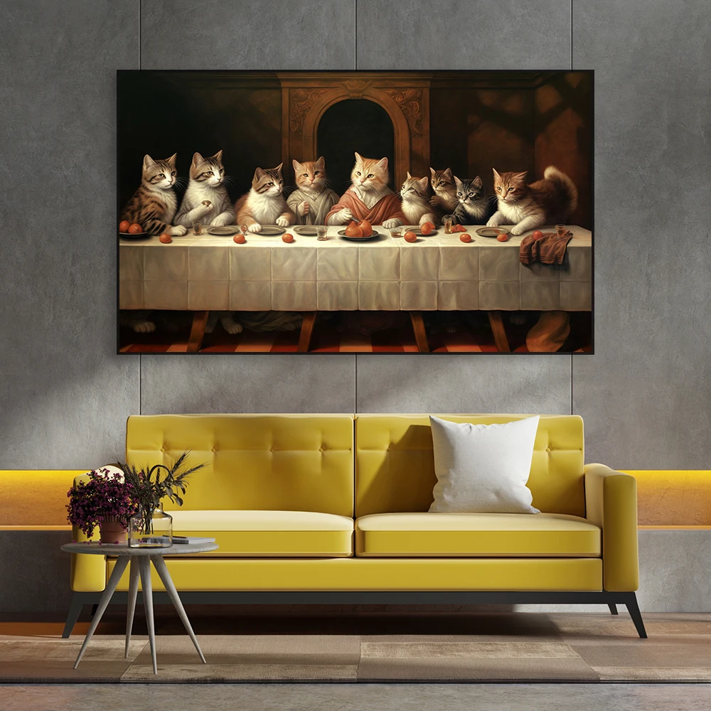 Last Supper Wall Art Poster Vintage Cats Animal Canvas Painting Prints Funny Cats Home Kitchen Dinning Room Wall Art Decoration