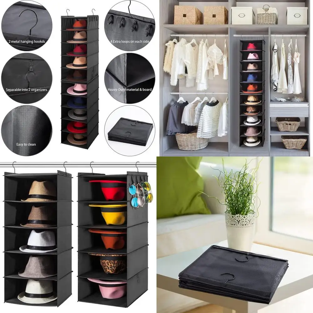 

2 Pack Hanging Hat Rack Organizer with 10 Shelves for Cowboy Hats, Easy Install, Black