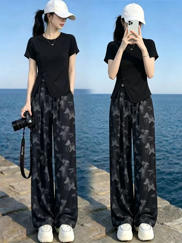 

Korean Style Versatile T-Shirt And Wide Leg Pants Set Women's Summer New High-End Feeling Two-Piece Set Ink Pattern