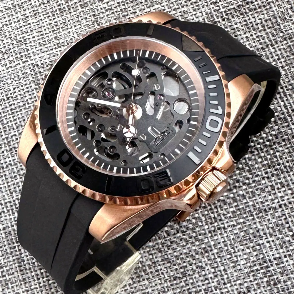 S NH72 20bar Waterproof Skeleton Hollow SEIK Rose Gold Mechanical Watch Men Curved Silicone Band Sapphire Crystal 120click