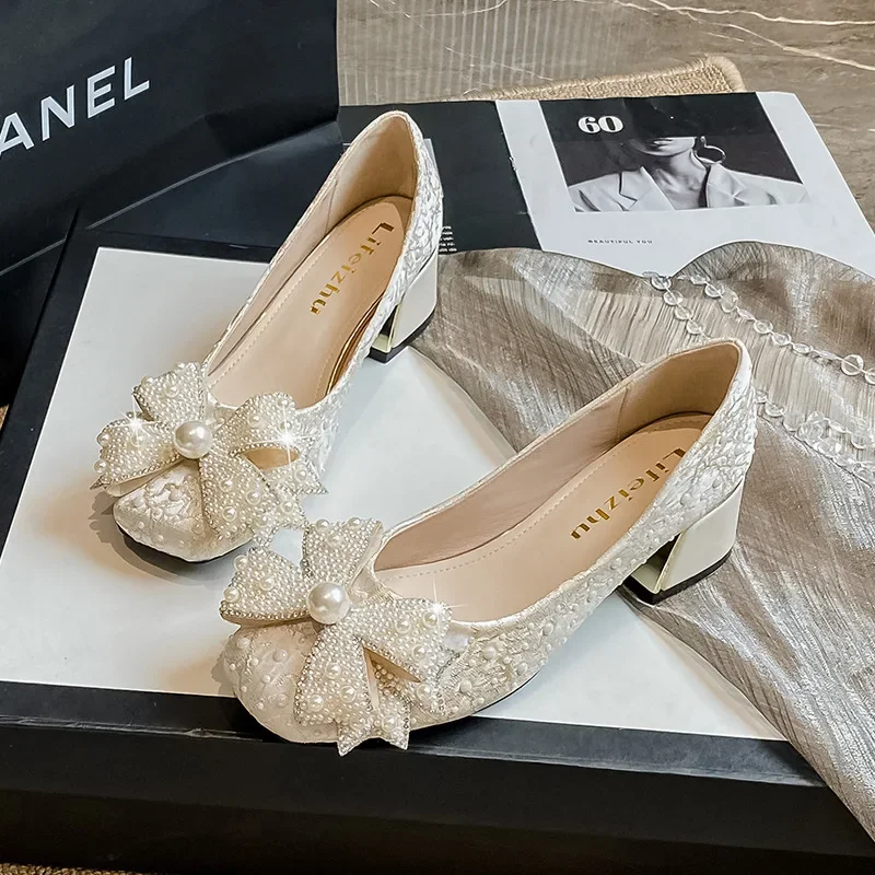

Элегантные туфли-лодочки с жемчужным декором на высоком каблуке для женщин, большие размеры до 43, повседневные, для вечеринок, офиса, свадьбы, комфортные женские туфли-лодочки под платье