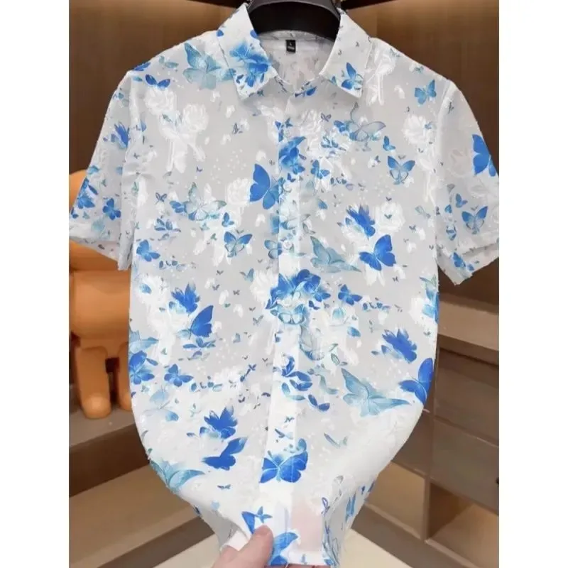 

Модная и высококачественная мужская рубашка с принтом бабочки, свободный повседневный тонкий дышащий топ в стиле ретро, кардиган