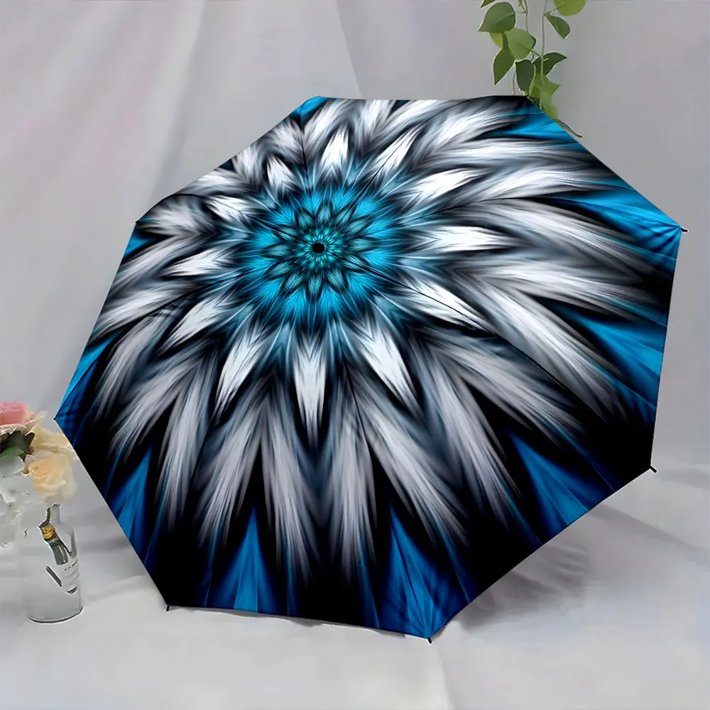 1PC Intricate Blue and White Mandala Umbrella Design Print 8 Iron Ribs Folding Umbrella Auto-Open Fashion Sunshade