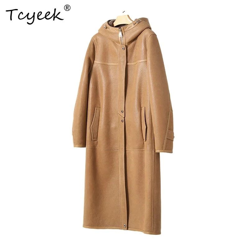 Tcyeek ريترو الخريف الشتاء الراقية الفراء والفراء المتكاملة هود سميكة فضفاضة تناسب طويلة المرأة معطف فرو الصوف Fourrures فام