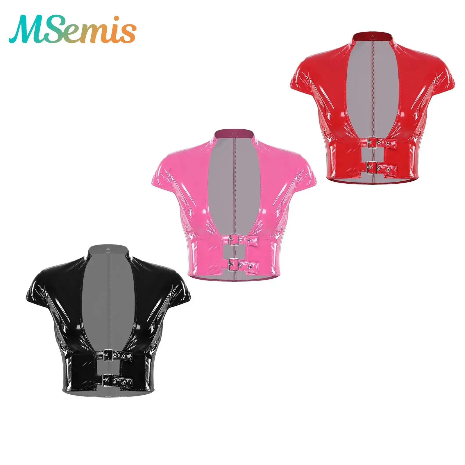 

Womens Wet Look PU Leather Latex Crop Top Open Front with Adjustable Buckles Cap Sleeve Glossy Rave Crop Corset Disco Clubwear