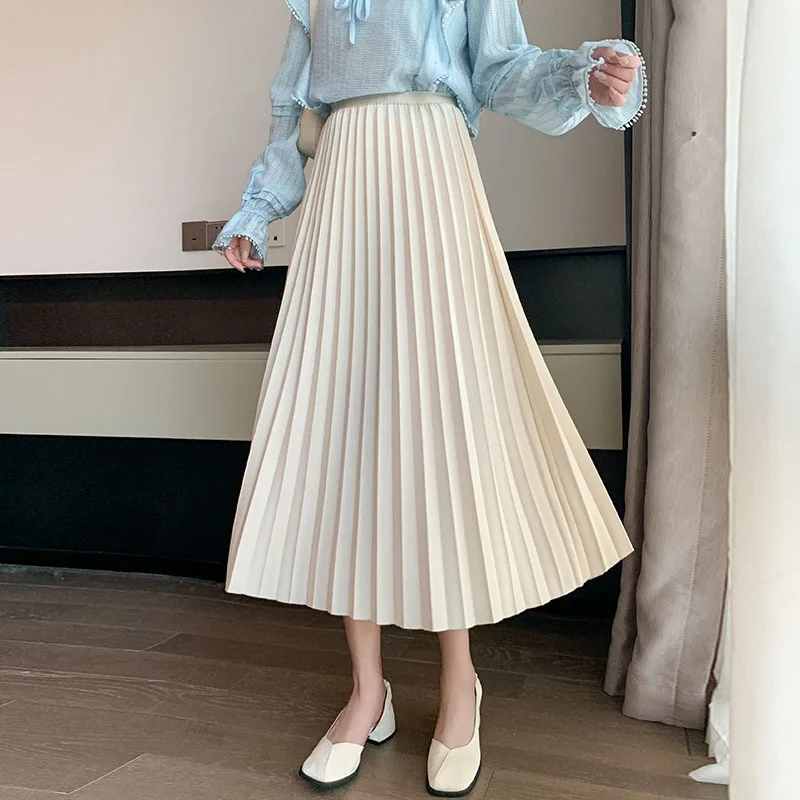 

2025 Women Elastic High Waisted Mid-Long Skirts Elegant Chic Solid Color Pleated Skirts Woman Vintage Streetwear Big Swing Skirt