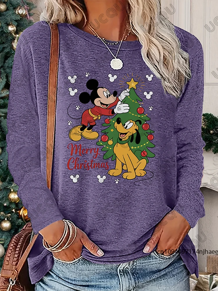 عيد الميلاد ميكي وبلوتو تزيين شجرة عيد الميلاد طباعة الخريف طويلة الأكمام تي شيرت للنساء عادية تيز المتضخم زوجين الأعلى #4