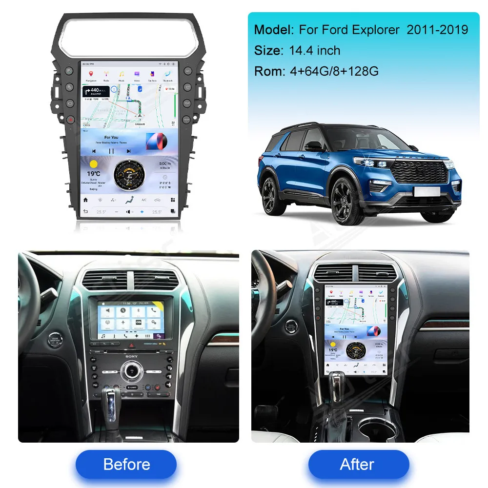 14.4'' Vertical Screen For Ford Explorer 2011-2019 Sync Car Radio Multimedia Player Android Auto Hicar CarPlay GPS NavHead Unit