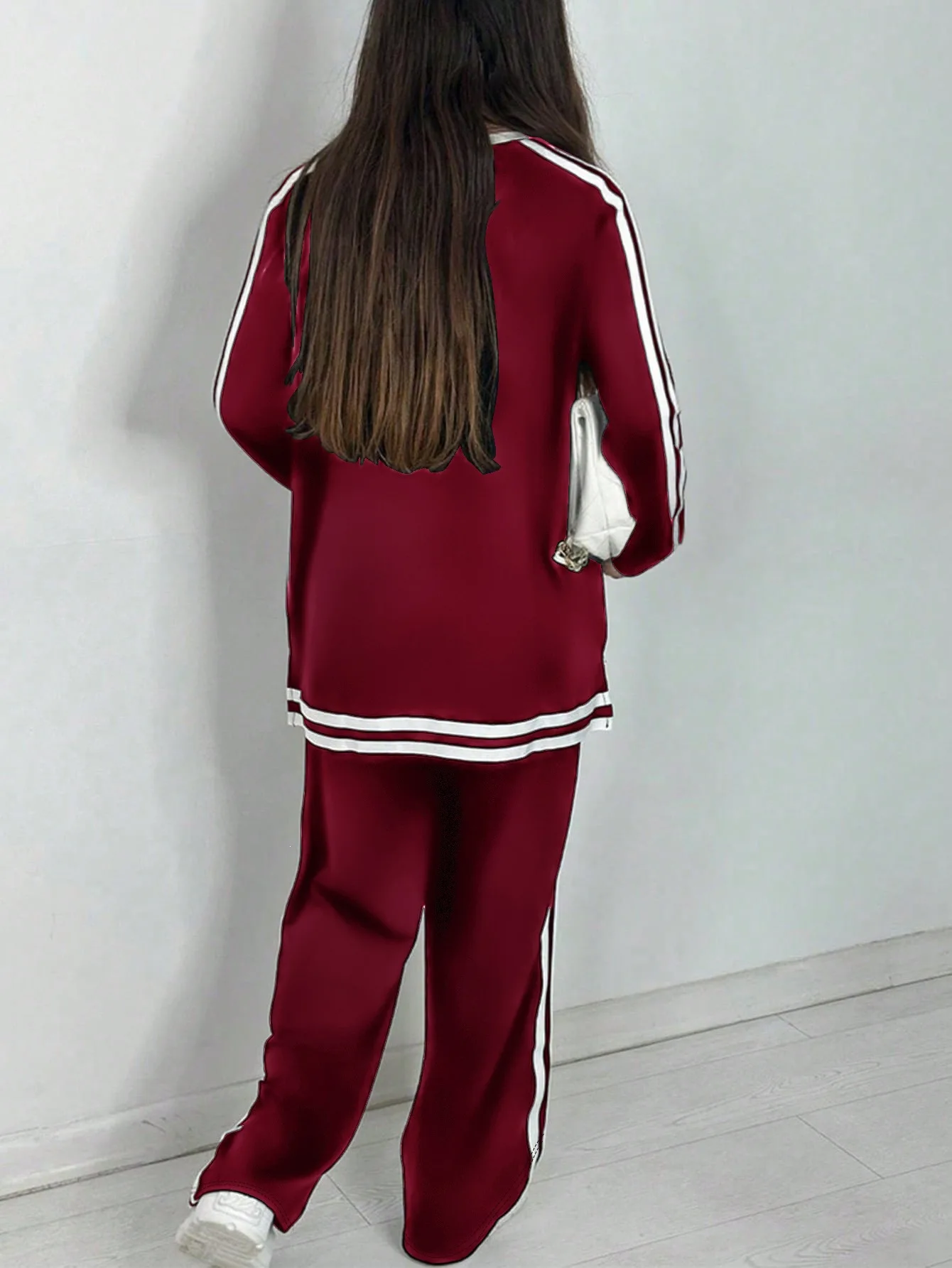 Casual Women's Stripe Sweat Suit Autumn Winter New Clothing Fashion O-neck Tops + Wide Leg Pant 2 Two Piece Set For Women
