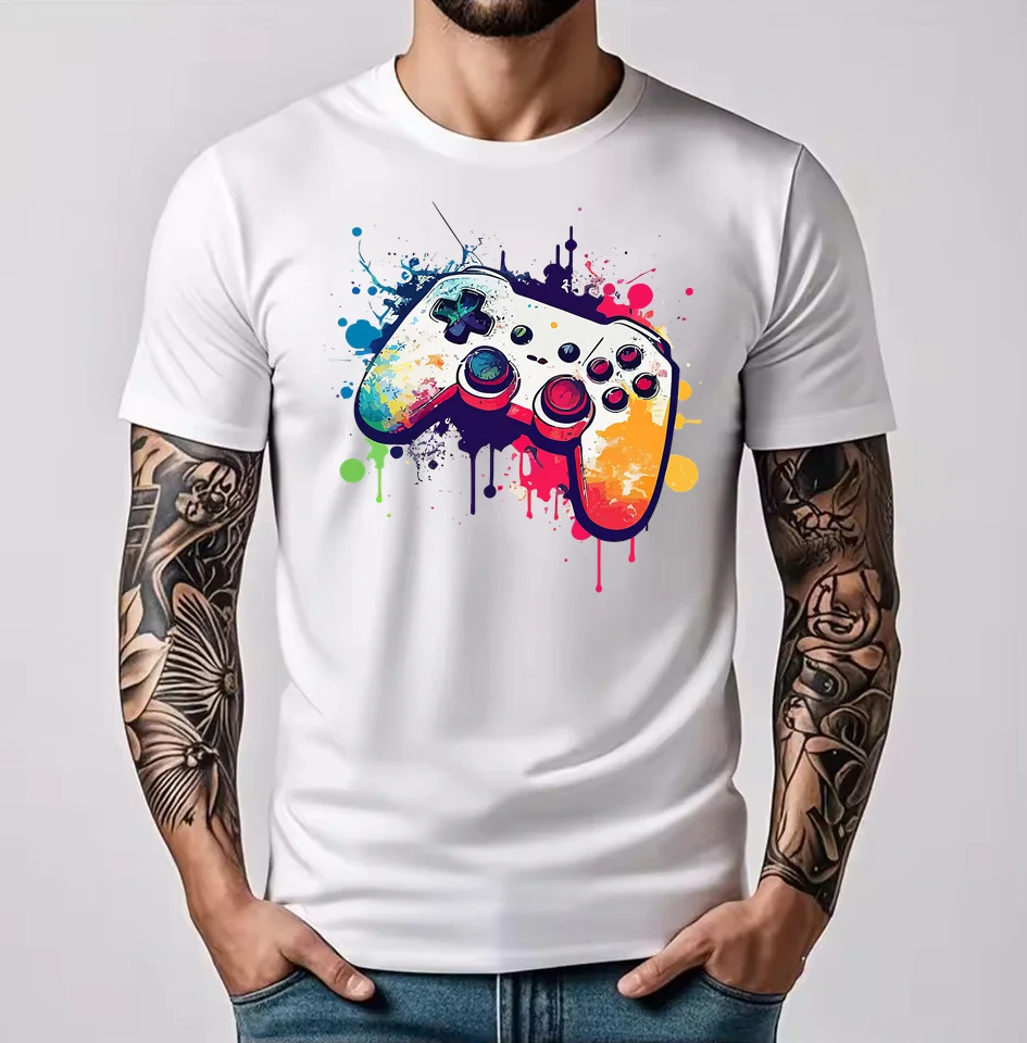 Colorful Splash Gaming Controller Graffiti Style T Shirt Men Stylish Leisure Man T-Shirt Men's Clothing Fashion Casual Tee Shirt