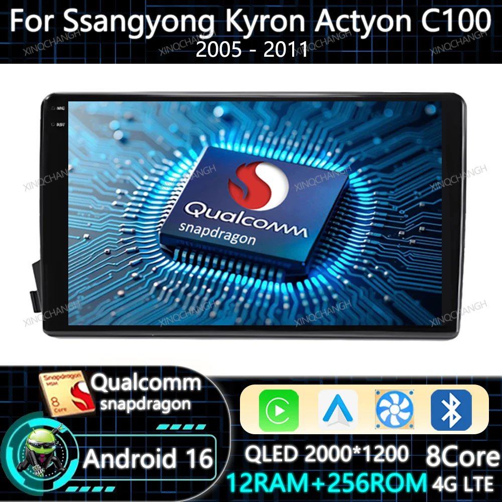 Android 16 Car Radio Carplay Auto For SsangYong Actyon C100 2005 - 2011 GPS 2DIN 4G LTE 5G WIFI Qualcomm Multimedia Video Player
